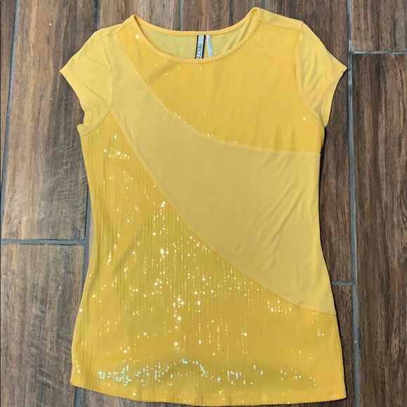 Kische Women's Large Yellow Sequined Block Long T-Shirt Going Out Party Concert - Picture 1 of 6